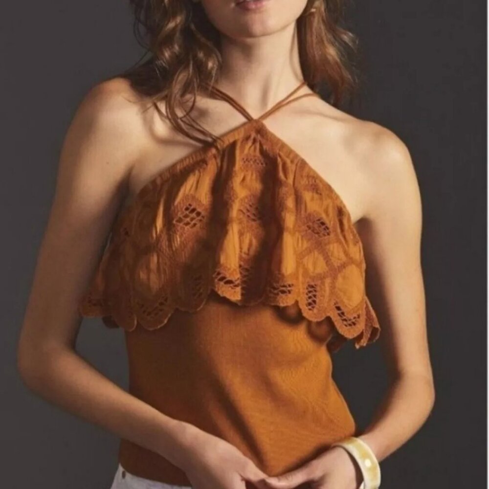 NWT Anthropologie Ruffle Halter Top Honey